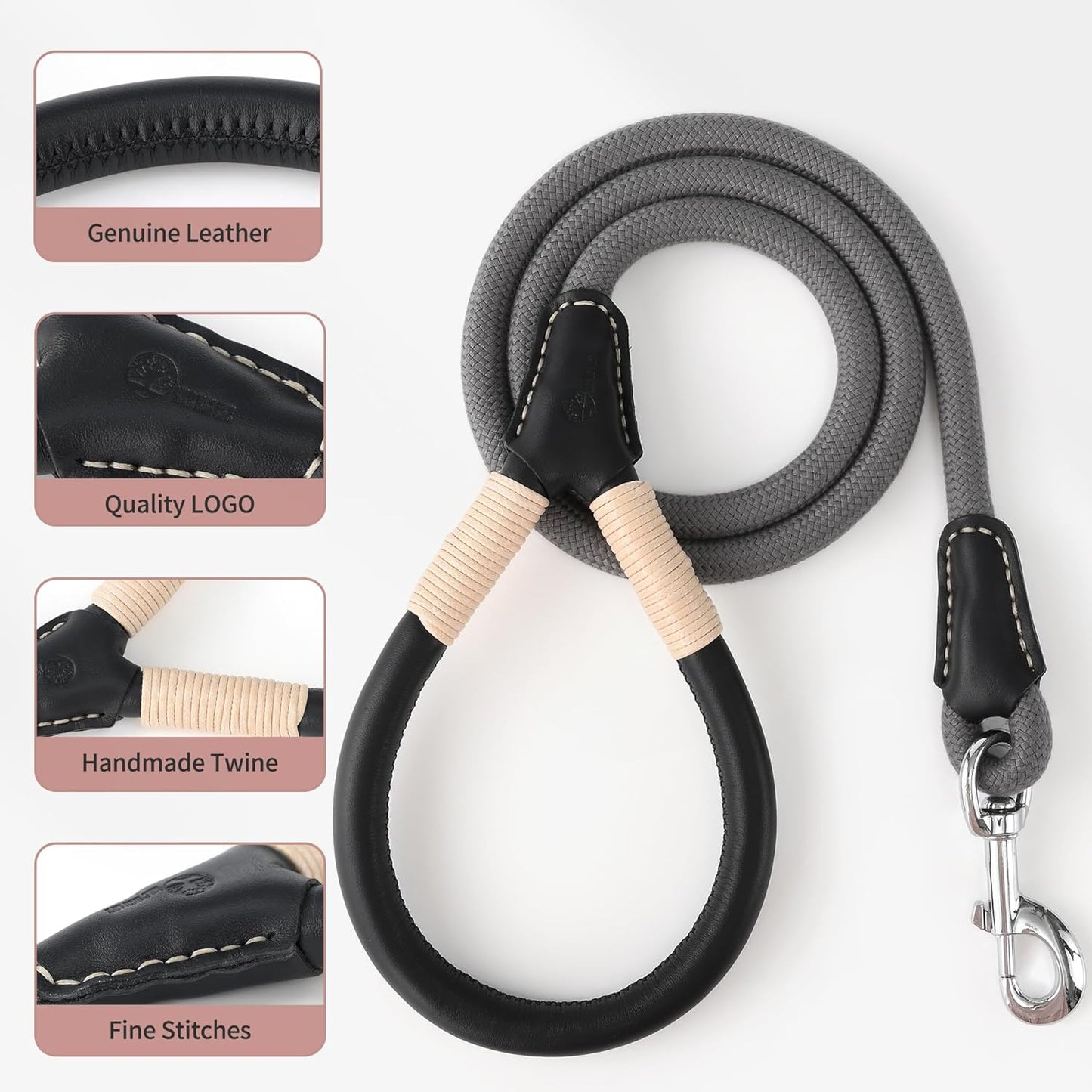 Genuine Leather Dog Leash with Heavy-Duty Clasp, 5FT Rope for Small to Large Dogs (Gray)