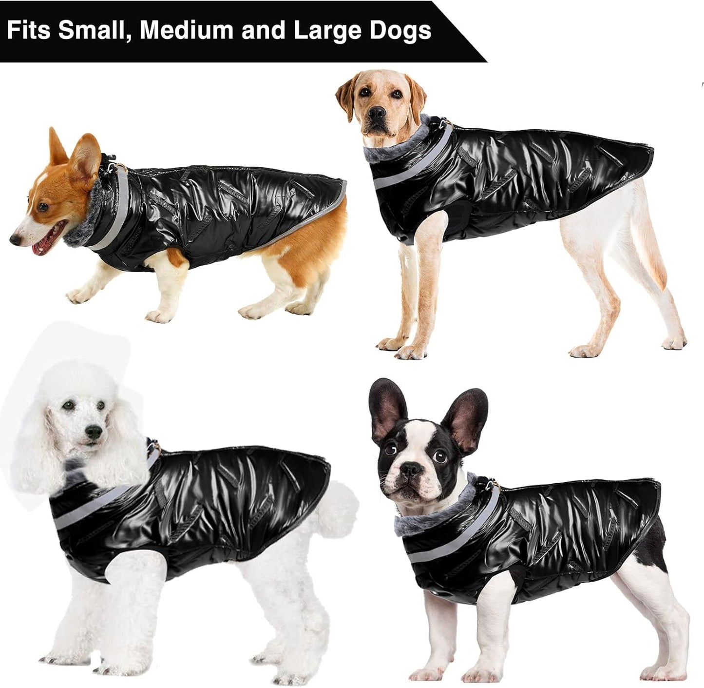 Warm Large Dog Jacket for Cold Weather, Windproof Dog Clothes for Large Dogs, Reversible D-Ring Large Dog Coats for Winter with Furry Collar, Cozy Zip up Dog Winter Coats for Large Dogs Black L