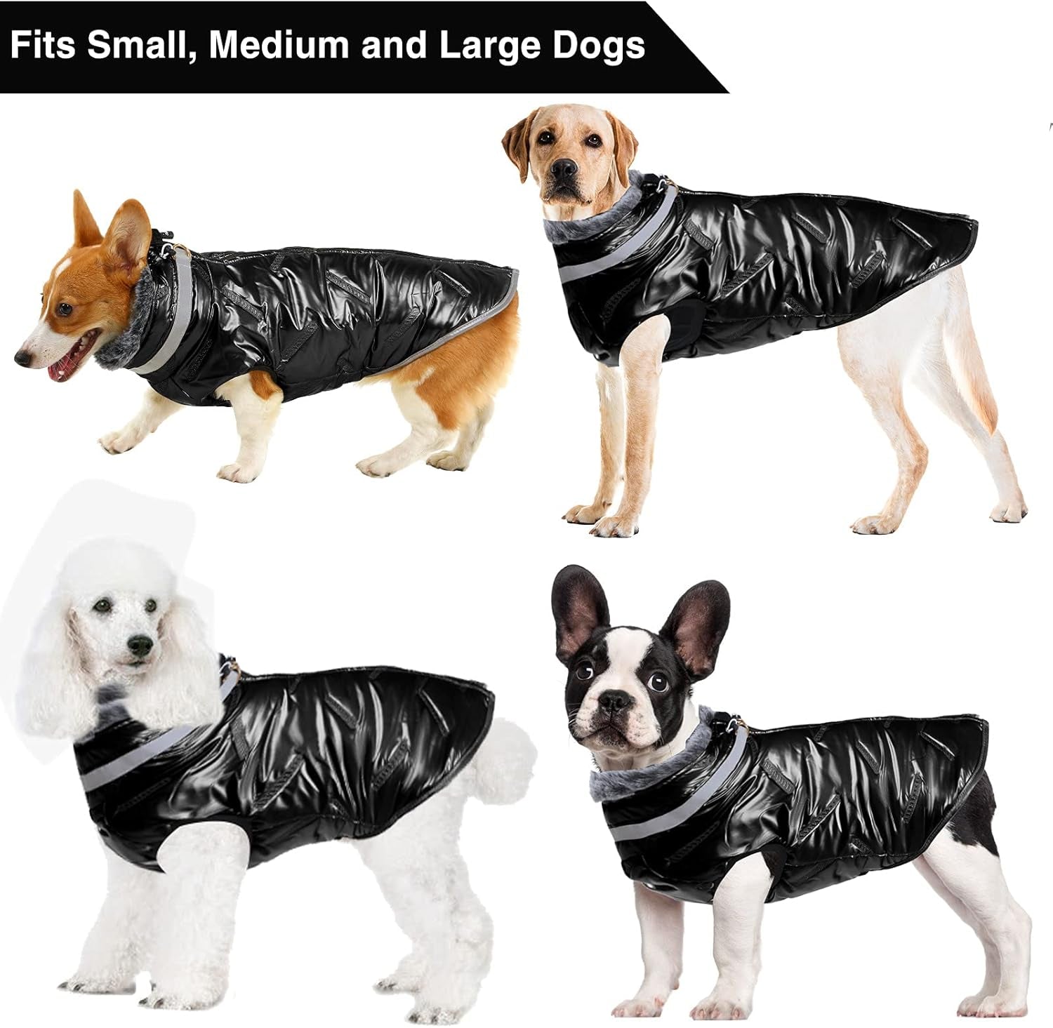 Warm Large Dog Jacket for Cold Weather, Windproof Dog Clothes for Large Dogs, Reversible D-Ring Large Dog Coats for Winter with Furry Collar, Cozy Zip up Dog Winter Coats for Large Dogs Black L