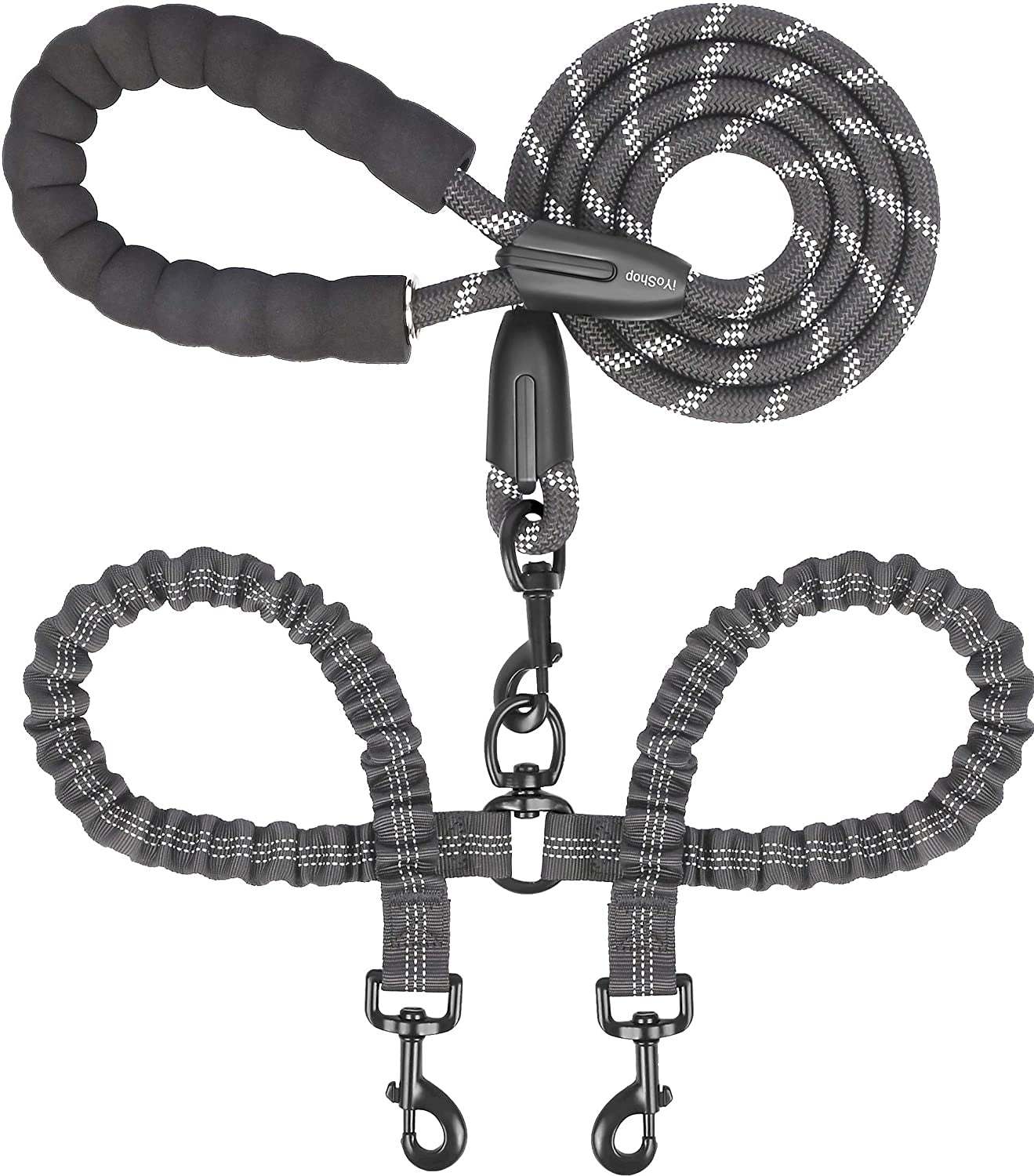 Dual Dog Leash – 360° Swivel No-Tangle Double Leash with Shock-Absorbing Bungee for Two Large Dogs (25–150 lbs, Black)