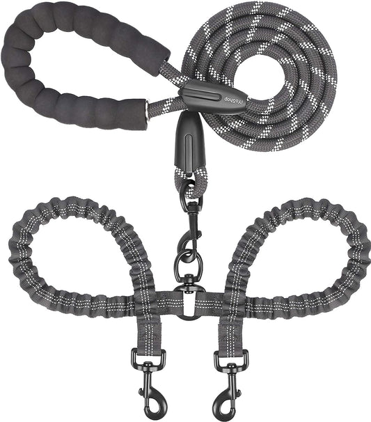 Dual Dog Leash – 360° Swivel No-Tangle Double Leash with Shock-Absorbing Bungee for Two Large Dogs (25–150 lbs, Black)