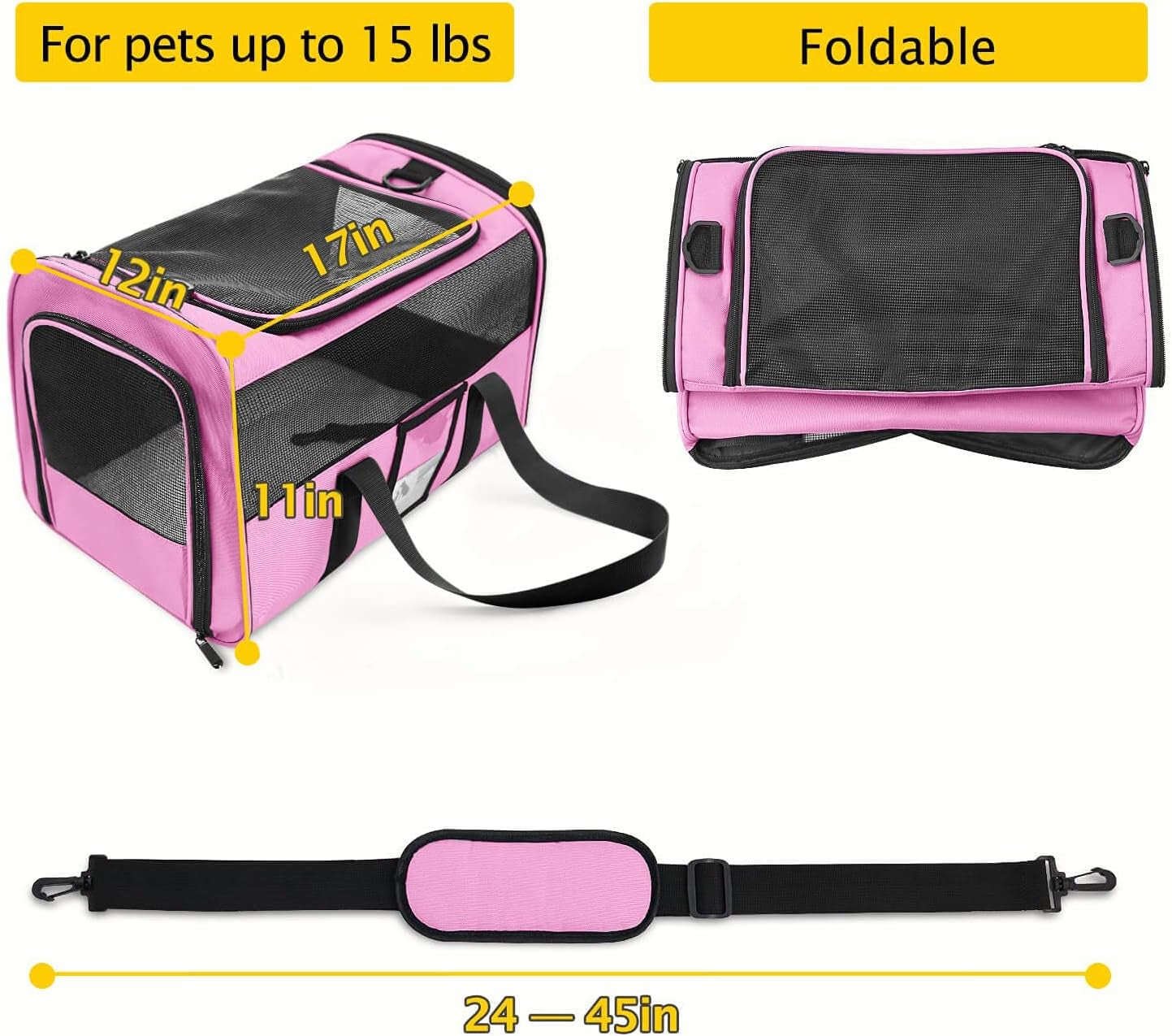 Pet Carrier Airline Approved, Cat Carriers for Medium Small Cats, Soft Dog Carriers for Dogs, TSA Approved Pet Carrier for Cats Dogs of 15 Lbs, Puppy Carrier,Pink
