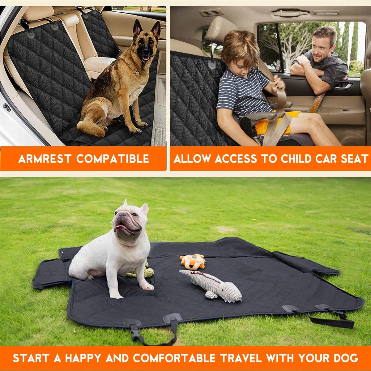 Luxury Waterproof Dog Car Seat Protector – Non-Slip Bench Cover with Armrest Access (Black)