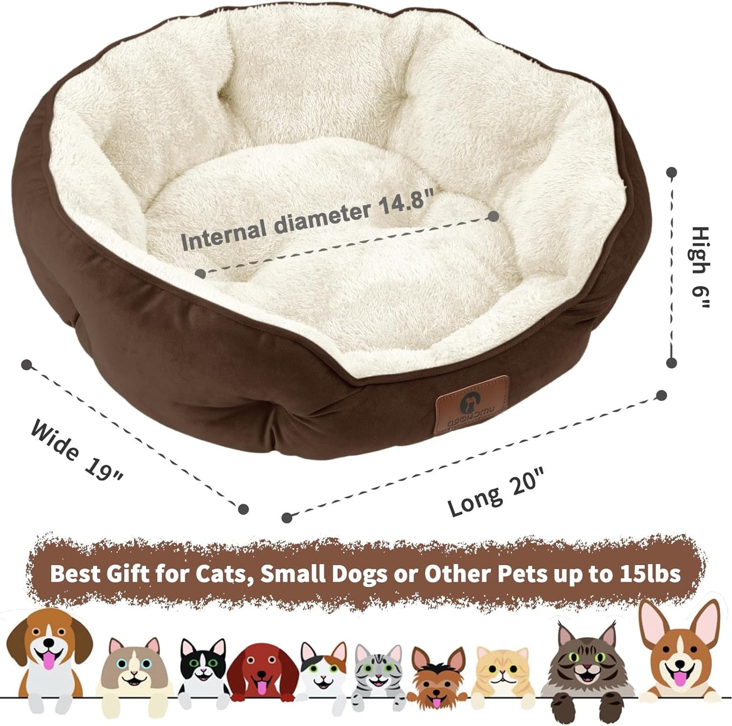 Luxury Small Dog Bed – Extra Soft Pet Bed for Small Dogs, Puppies & Cats – Machine Washable with Anti-Slip, Water-Resistant Oxford Bottom (Brown, 20")