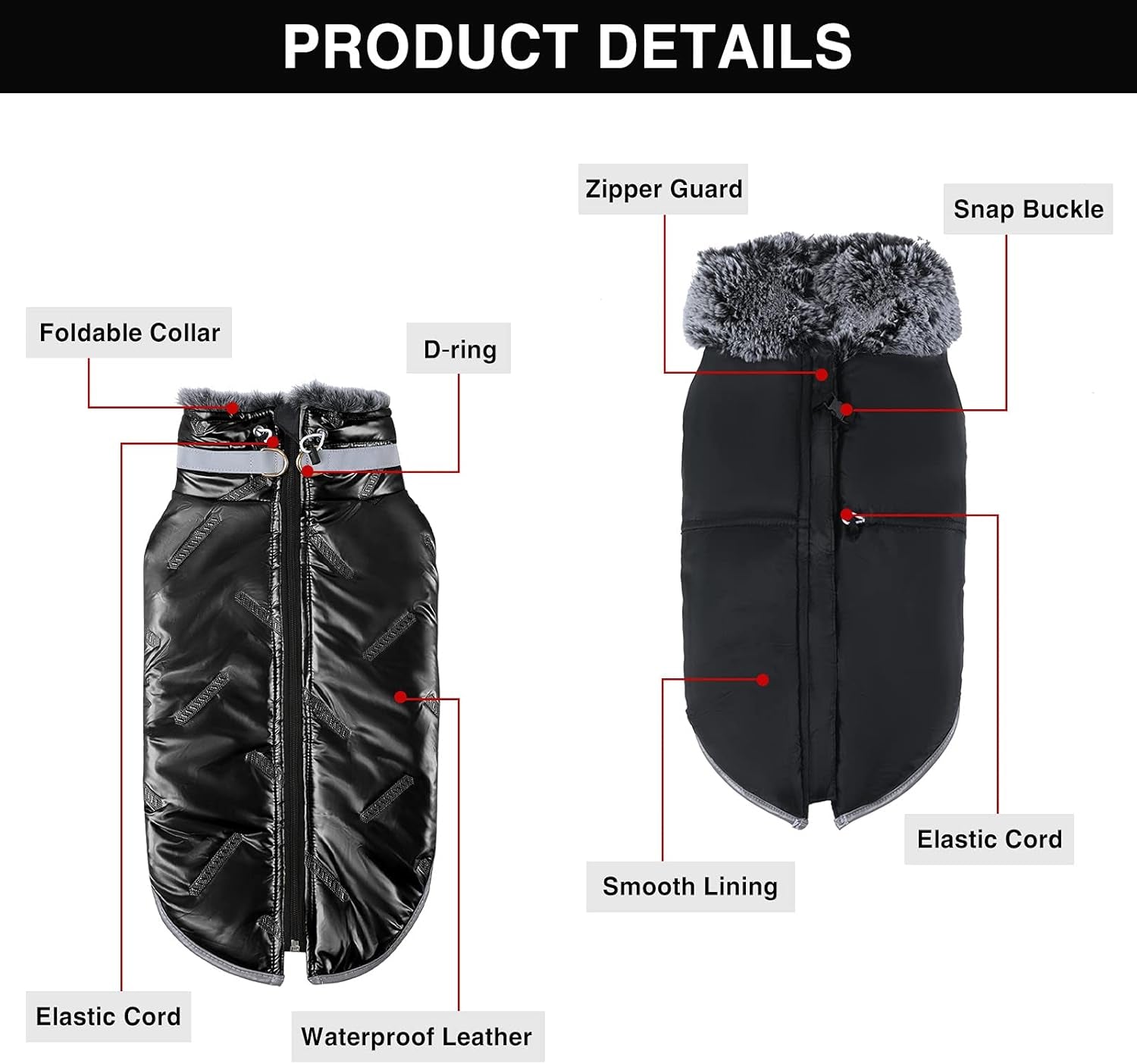 Warm Large Dog Jacket for Cold Weather, Windproof Dog Clothes for Large Dogs, Reversible D-Ring Large Dog Coats for Winter with Furry Collar, Cozy Zip up Dog Winter Coats for Large Dogs Black L