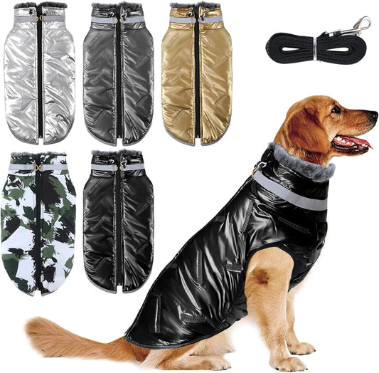 Warm Large Dog Jacket for Cold Weather, Windproof Dog Clothes for Large Dogs, Reversible D-Ring Large Dog Coats for Winter with Furry Collar, Cozy Zip up Dog Winter Coats for Large Dogs Black L