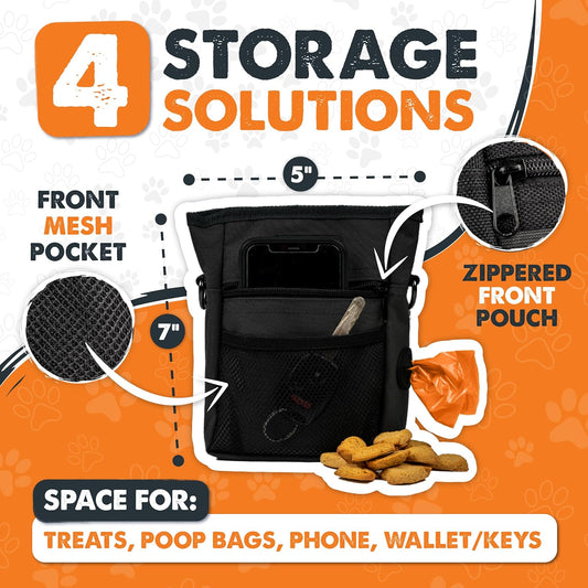 Dog Treat Pouch with Magnetic Closure – Hands-Free Training Bag with Built-In Poop Bag Dispenser – No-Spill Treat Holder for Walks & Obedience Training (Black)