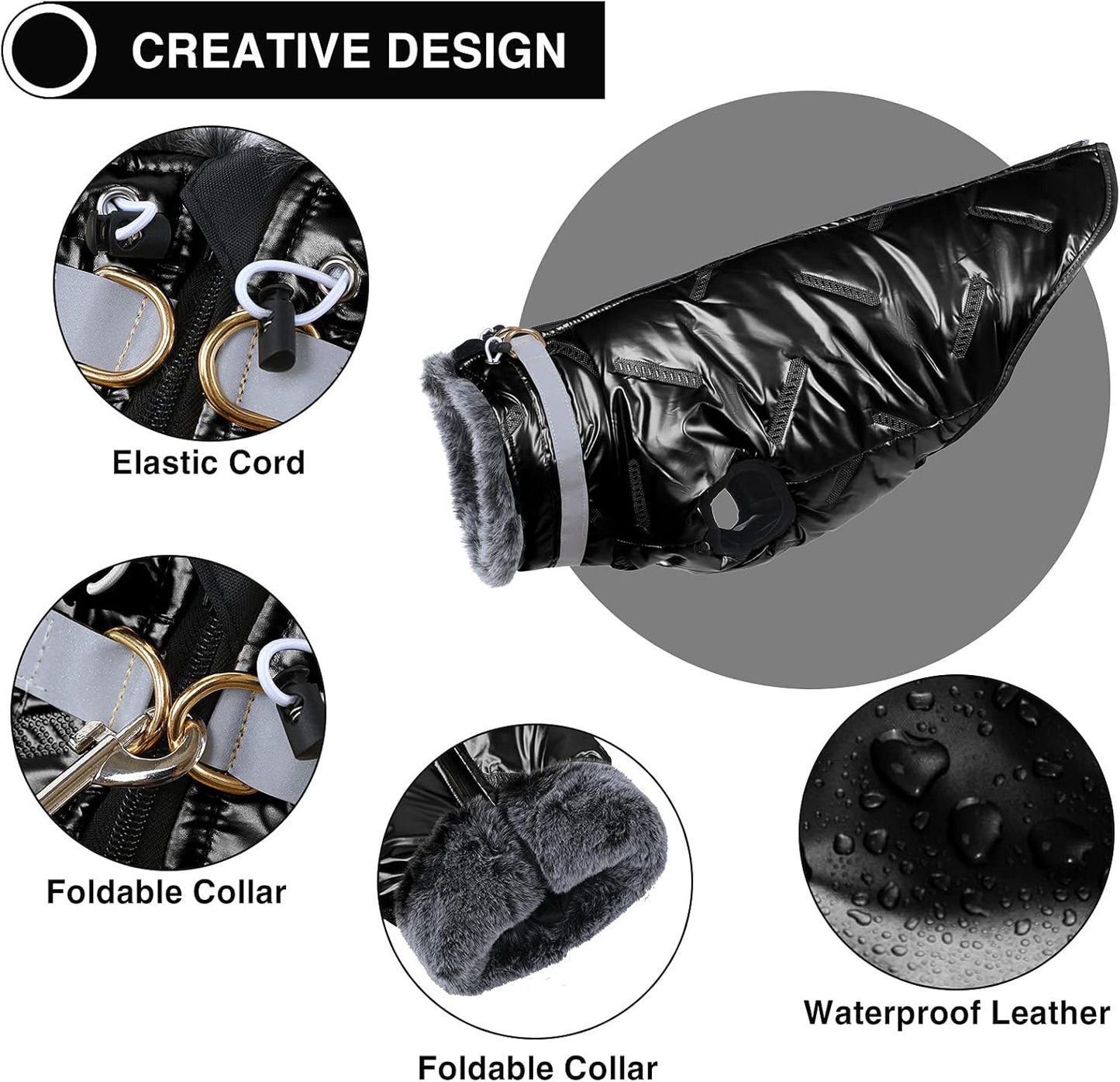Warm Large Dog Jacket for Cold Weather, Windproof Dog Clothes for Large Dogs, Reversible D-Ring Large Dog Coats for Winter with Furry Collar, Cozy Zip up Dog Winter Coats for Large Dogs Black L