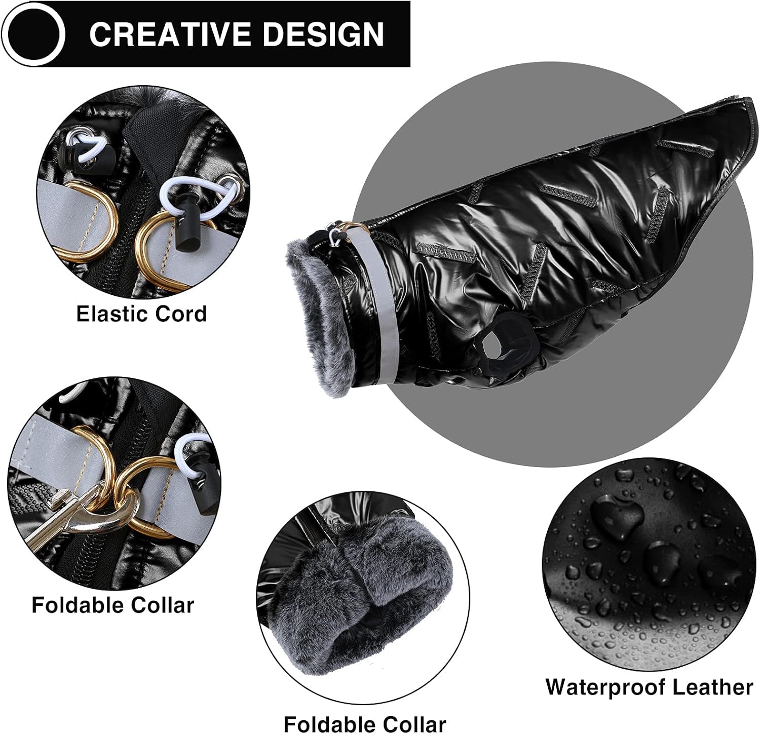 Warm Large Dog Jacket for Cold Weather, Windproof Dog Clothes for Large Dogs, Reversible D-Ring Large Dog Coats for Winter with Furry Collar, Cozy Zip up Dog Winter Coats for Large Dogs Black L