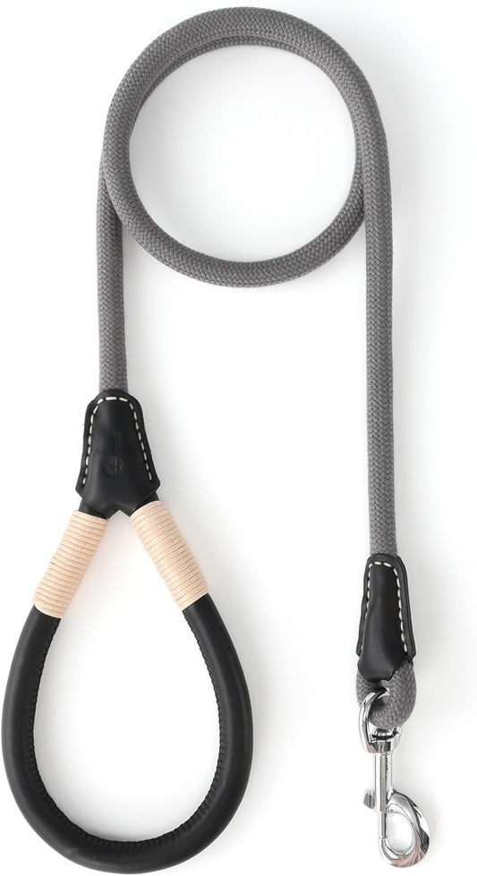 Genuine Leather Dog Leash with Heavy-Duty Clasp, 5FT Rope for Small to Large Dogs (Gray)