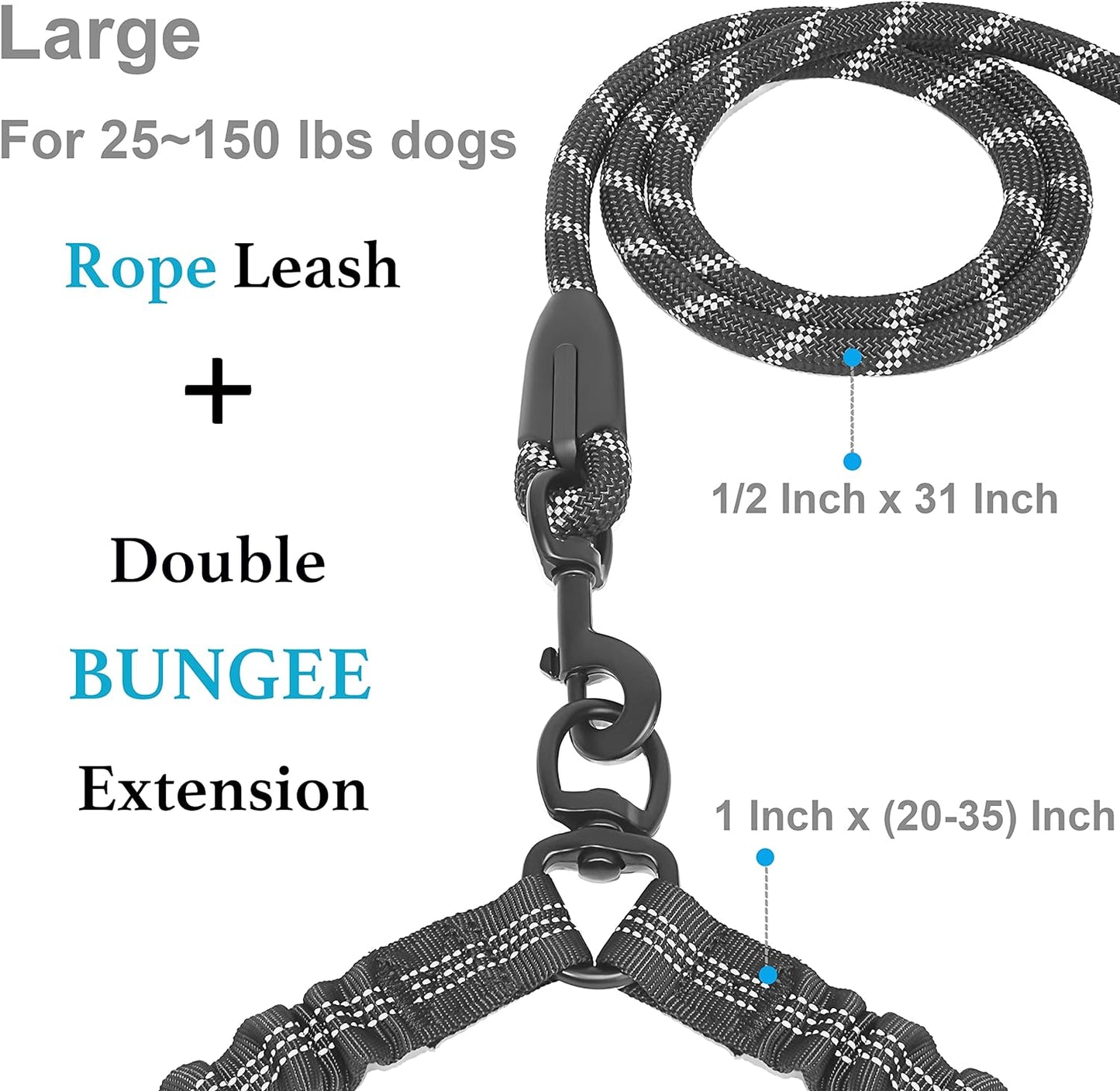 Dual Dog Leash – 360° Swivel No-Tangle Double Leash with Shock-Absorbing Bungee for Two Large Dogs (25–150 lbs, Black)