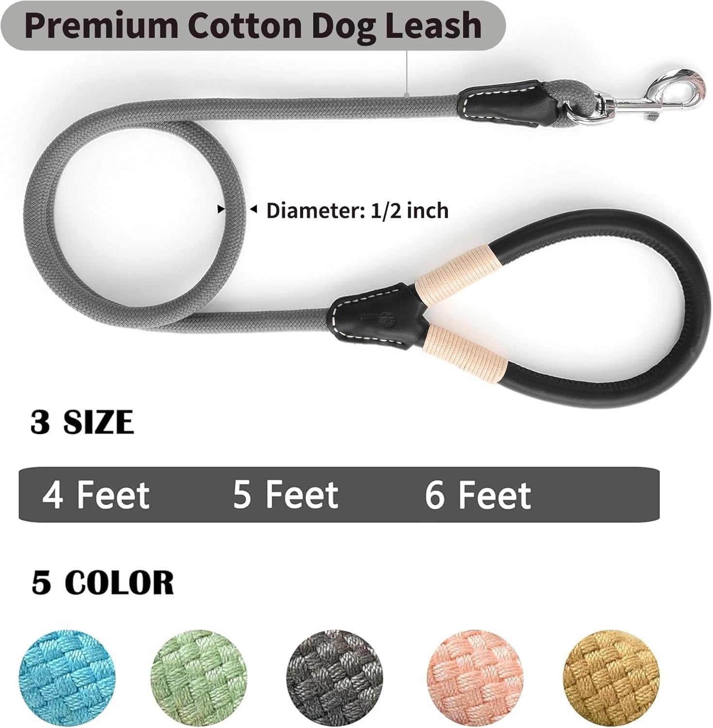 Genuine Leather Dog Leash with Heavy-Duty Clasp, 5FT Rope for Small to Large Dogs (Gray)