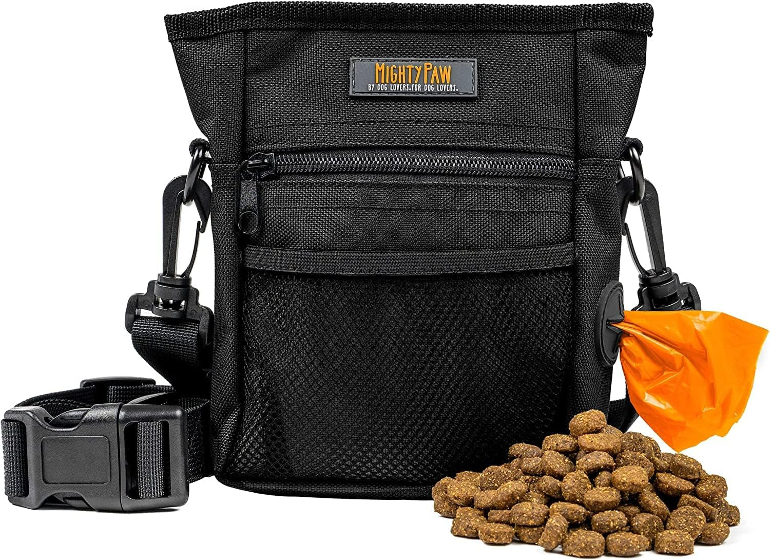 Dog Treat Pouch with Magnetic Closure – Hands-Free Training Bag with Built-In Poop Bag Dispenser – No-Spill Treat Holder for Walks & Obedience Training (Black)