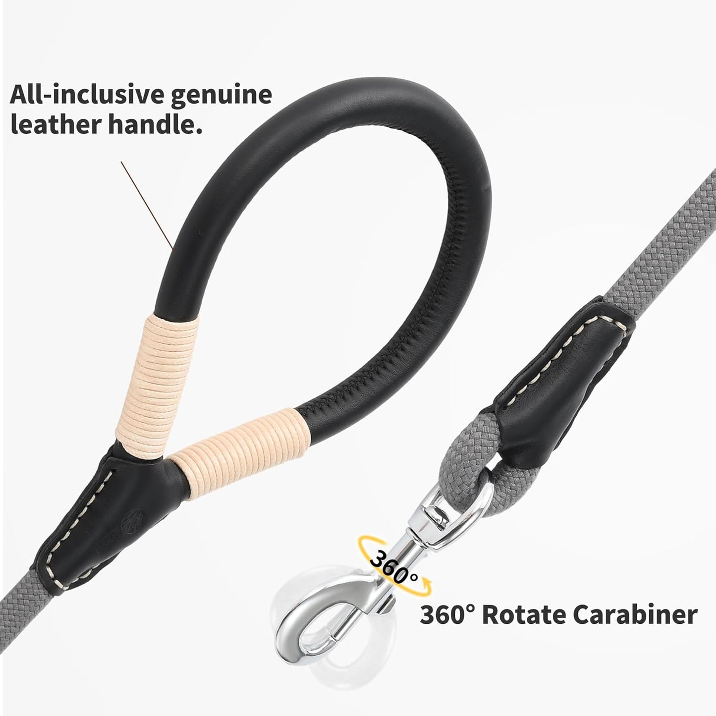 Genuine Leather Dog Leash with Heavy-Duty Clasp, 5FT Rope for Small to Large Dogs (Gray)