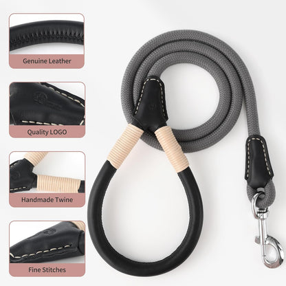 Genuine Leather Dog Leash with Heavy-Duty Clasp, 5FT Rope for Small to Large Dogs (Gray)