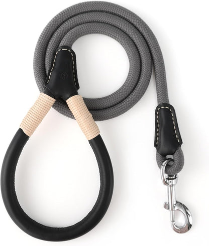 Genuine Leather Dog Leash with Heavy-Duty Clasp, 5FT Rope for Small to Large Dogs (Gray)