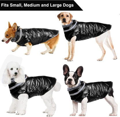Warm Large Dog Jacket for Cold Weather, Windproof Dog Clothes for Large Dogs, Reversible D-Ring Large Dog Coats for Winter with Furry Collar, Cozy Zip up Dog Winter Coats for Large Dogs Black L