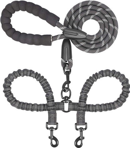 Dual Dog Leash – 360° Swivel No-Tangle Double Leash with Shock-Absorbing Bungee for Two Large Dogs (25–150 lbs, Black)