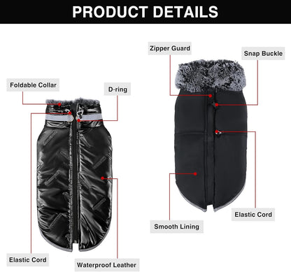 Warm Large Dog Jacket for Cold Weather, Windproof Dog Clothes for Large Dogs, Reversible D-Ring Large Dog Coats for Winter with Furry Collar, Cozy Zip up Dog Winter Coats for Large Dogs Black L