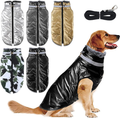 Warm Large Dog Jacket for Cold Weather, Windproof Dog Clothes for Large Dogs, Reversible D-Ring Large Dog Coats for Winter with Furry Collar, Cozy Zip up Dog Winter Coats for Large Dogs Black L