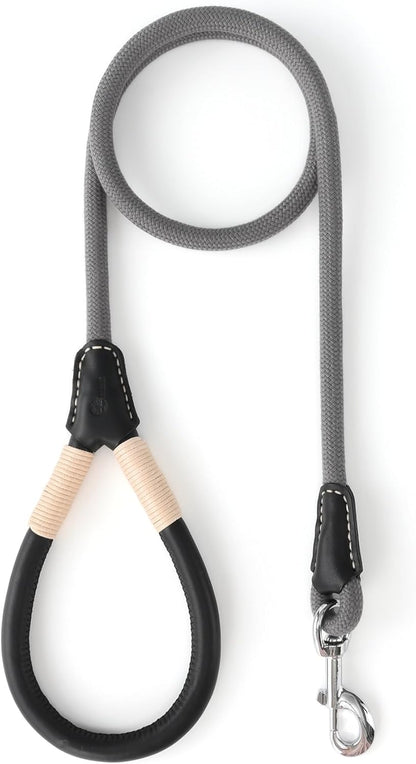 Genuine Leather Dog Leash with Heavy-Duty Clasp, 5FT Rope for Small to Large Dogs (Gray)